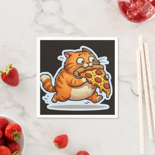 Servilleta De Papel Funny Orange Cat Eating Pizza Cartoon (In situ)