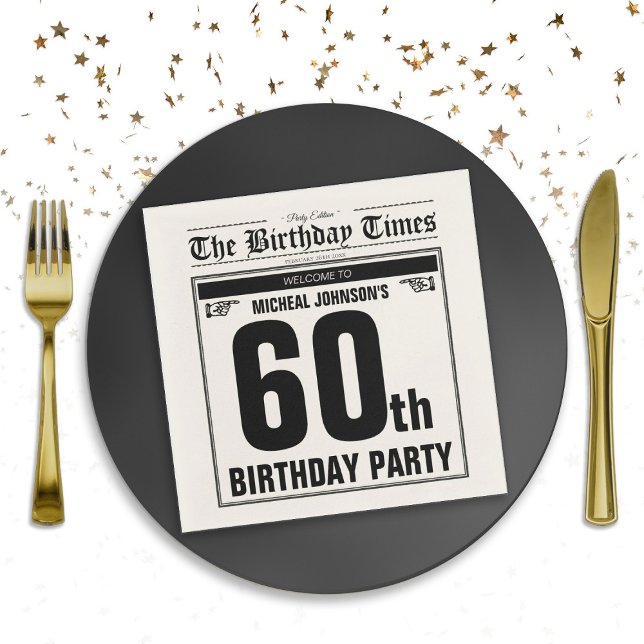 Servilleta De Papel Funny Personalizado único de periódico de cumpleañ (60th Birthday Old Newspaper Funny Unique Custom Napkins)
