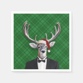Servilleta De Papel Funny Santa Hat Navidades Deer Green Plaid
