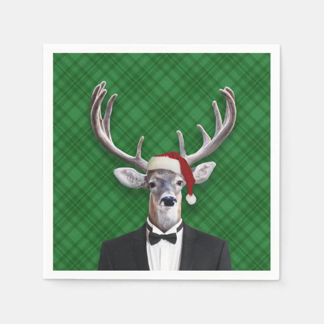 Servilleta De Papel Funny Santa Hat Navidades Deer Green Plaid (Anverso)