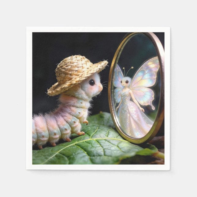 Servilleta De Papel Fuzzy Caterpillar Staring at a Fairy Butterfly (Anverso)