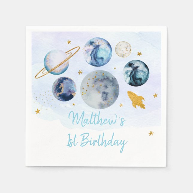 Servilleta De Papel Galaxy Blue Gold Space Cumpleaños (Anverso)