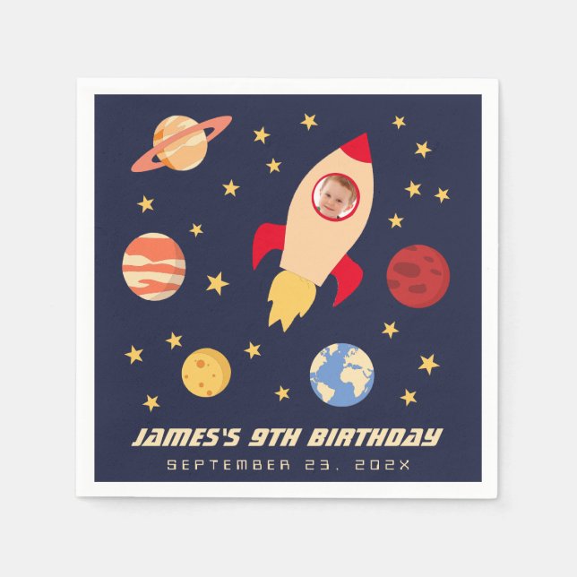 Servilleta De Papel Galaxy Stars Birthday Boy Photo Space Rocket (Anverso)