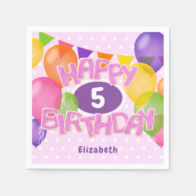 Servilleta De Papel galletas rosadas de cumpleaños felices con globos (Anverso)