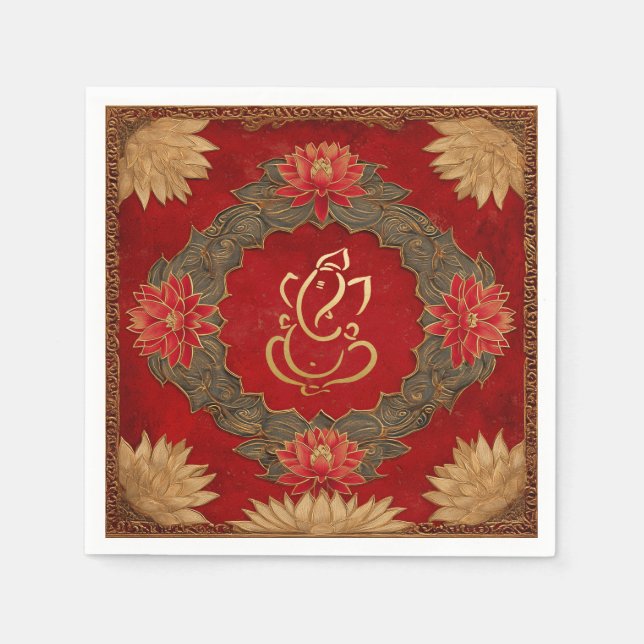 Servilleta De Papel Ganesh Red Gold Tradicional Boda Lotus (Anverso)