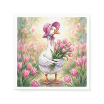 Ganso Blanco Con Tulipanes Rosas