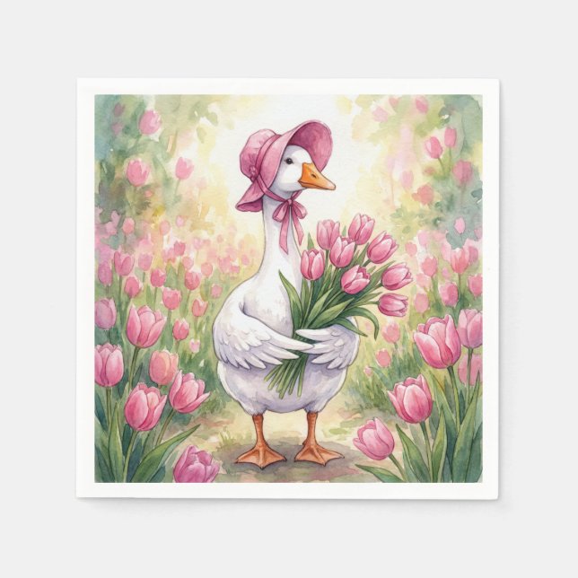 Servilleta De Papel Ganso Blanco Con Tulipanes Rosas (Anverso)