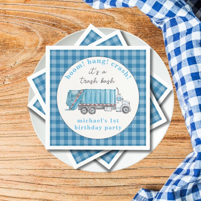 Servilleta De Papel Garbage Trash Truck Blue Gingham 1st Birthday  (Subido por el creador)