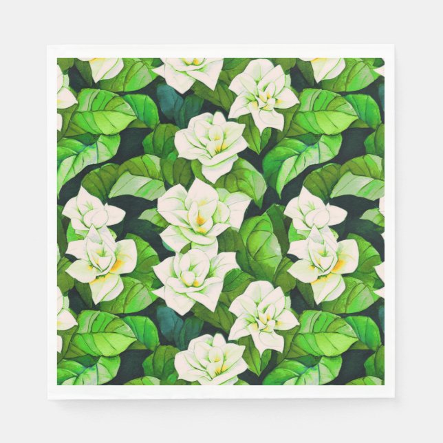 Servilleta De Papel Gardenias blancas y hojas verdes de jade (Anverso)