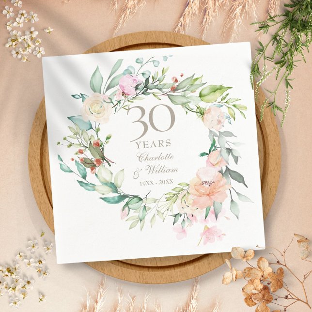Servilleta De Papel Garland, 30° Aniversario de la Perla Rosas (30th Wedding Anniversary Pearl Roses Garland Napkins)