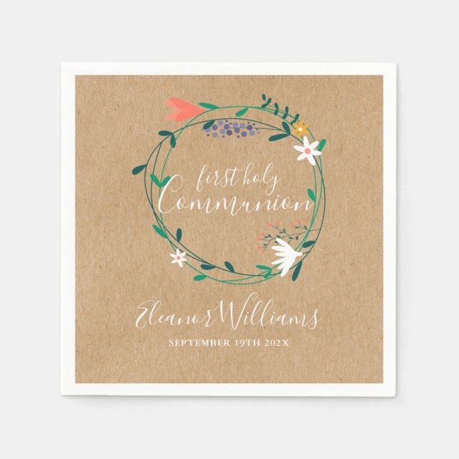 Servilleta De Papel Garland floral rustica primera comunión sagrada (Anverso)
