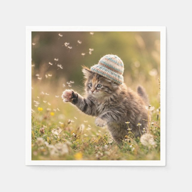 Servilleta De Papel Gatito Adorable con Gorro Jugando con Dientes de L (Anverso)