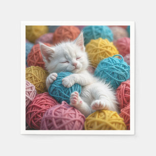 Servilleta De Papel Gatito Blanco En Bolas De Yarn