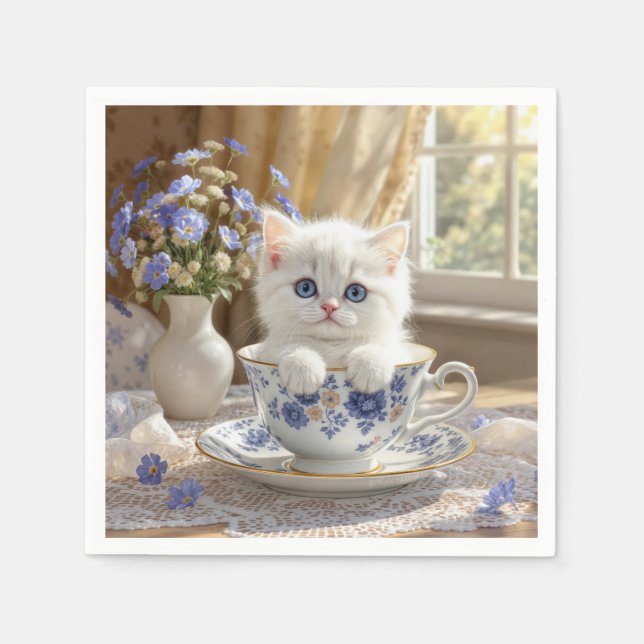 Servilleta De Papel Gatito blanco en una taza de té (Anverso)