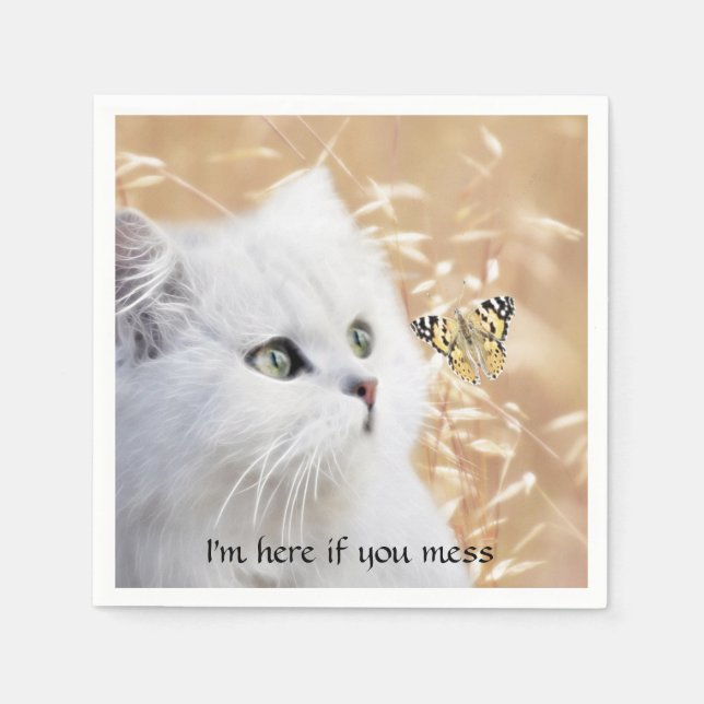 Servilleta De Papel Gatito blanco y mariposa (Anverso)