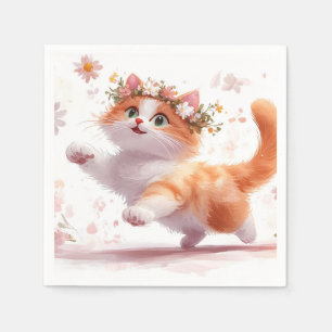 Servilleta De Papel Gatito Juguetón con Corona de Flores de Margarita