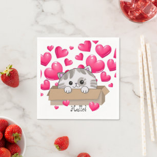 Servilleta De Papel Gatito lindo en una caja y corazones rosados