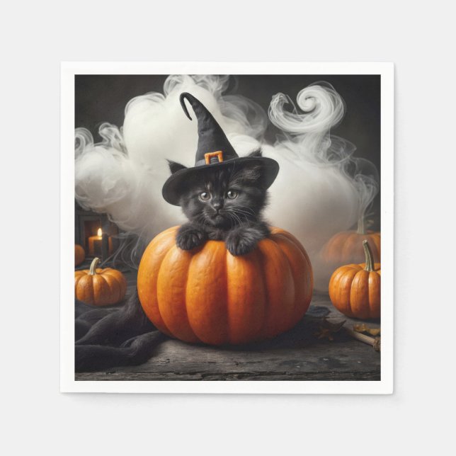 Servilleta De Papel Gatito Negro De Halloween En Calabaza (Anverso)