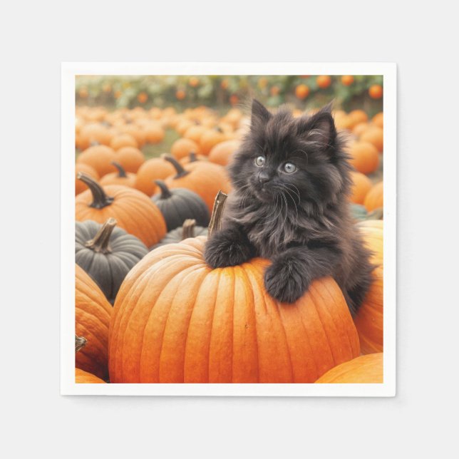 Servilleta De Papel Gatito negro de Halloween en una calabaza (Anverso)