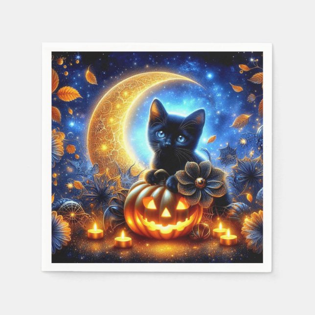 Servilleta De Papel Gatito negro, jack-o-lantern y luna (Anverso)