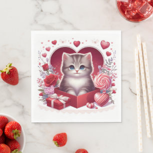 Servilleta De Papel Gatito sentado en una caja con flores y regalos