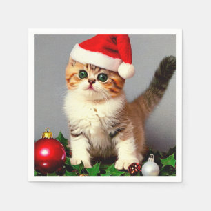 Servilleta De Papel Gatito vintage de Navidad con sombrero de Santa