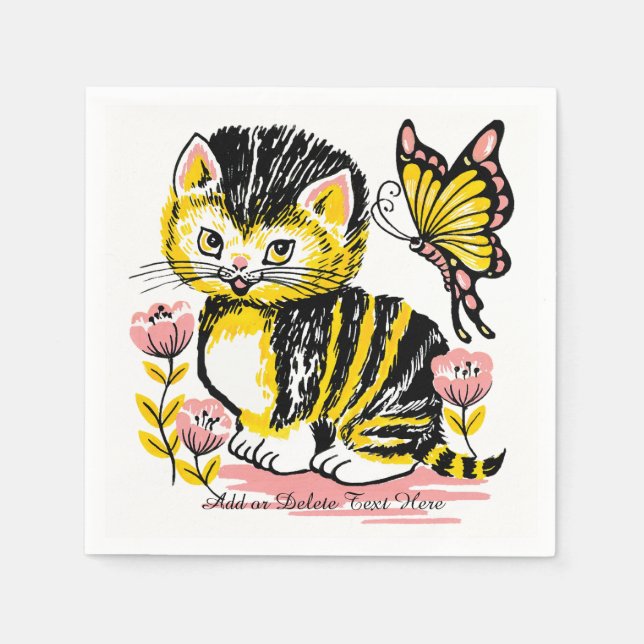 Servilleta De Papel Gatito y mariposa en las flores (Anverso)