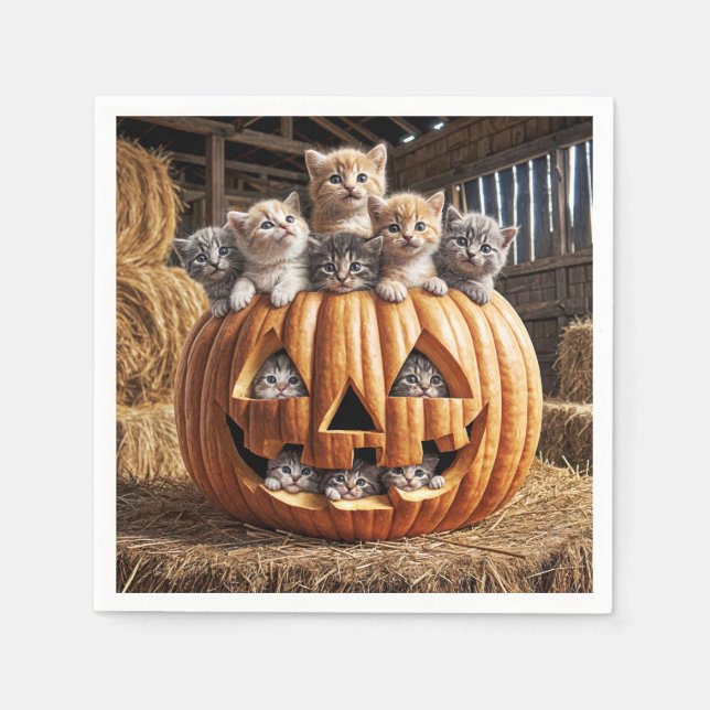 Servilleta De Papel Gatitos En Calabaza De Halloween (Anverso)