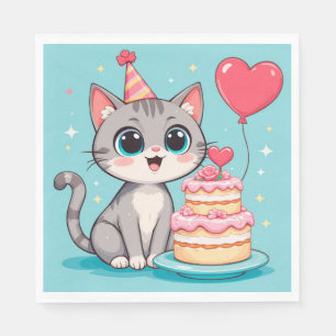 Servilleta De Papel Gato Adorable Celebrando Cumpleaños con Tarta