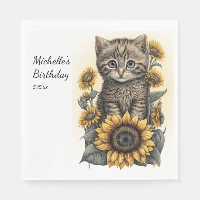 Servilleta De Papel Gato Atigrado Gris Gatito Girasoles Cumpleaños  (Anverso)