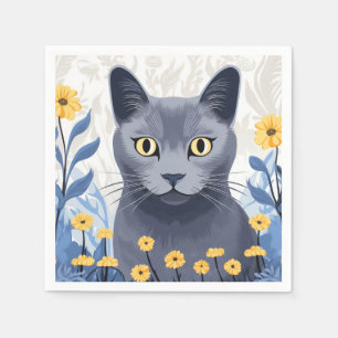 Servilleta De Papel Gato Azul Ruso Flores Amarillas