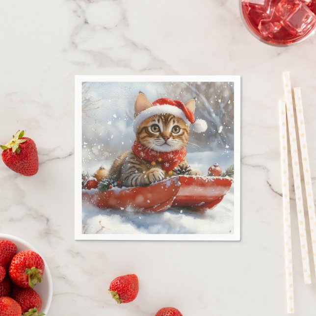 Servilleta De Papel Gato Bengal en Trineo Deja que Nieve Navidad (In situ)
