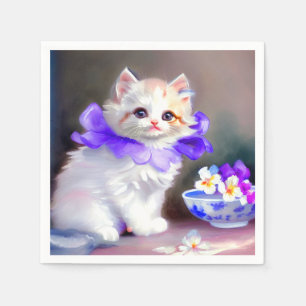 Servilleta De Papel Gato blanco con pintura de cuello de flores morada
