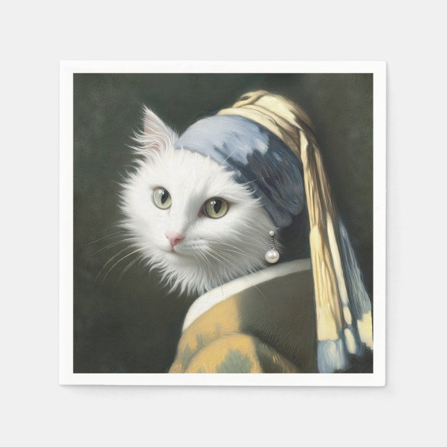 Servilleta De Papel Gato blanco con pintura de Pearl Earring (Anverso)