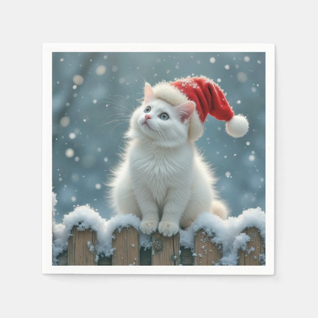Servilleta De Papel Gato blanco navidad con sombrero de Santa (Anverso)