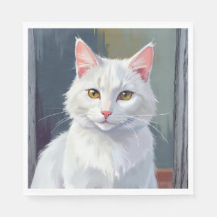 Servilleta De Papel Gato Blanco Pintura de Mascota de Gato en Acuare