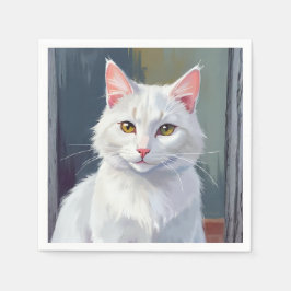 Servilleta De Papel Gato Blanco | Pintura de Mascota de Gato en Acuare