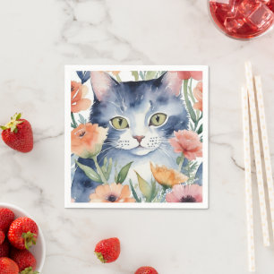 Servilleta De Papel gato blanco y negro con flores color de agua
