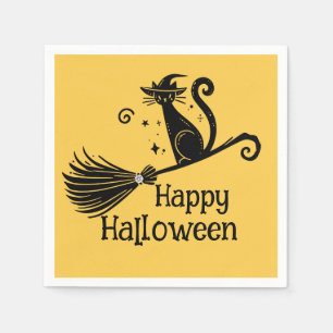 Servilleta De Papel Gato Bruja Negro en Escoba Halloween