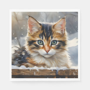 Servilleta De Papel Gato calico adorable en la nieve