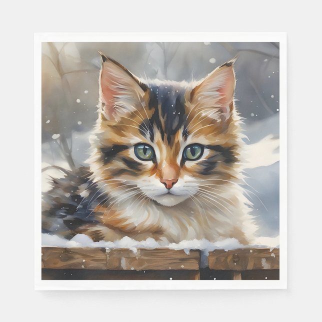 Servilleta De Papel Gato calico adorable en la nieve (Anverso)