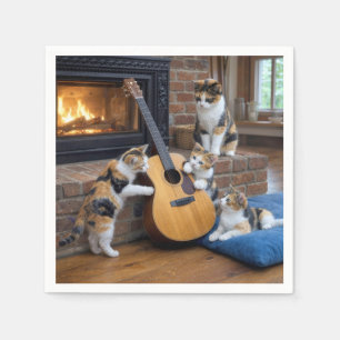 Servilleta De Papel Gato calico con gatitos y guitarra