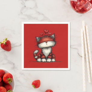Servilleta De Papel Gato con Corazones Rojos Divertido y Lindo