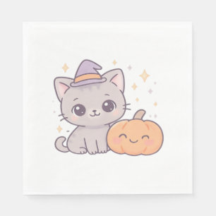 Servilleta De Papel Gato con Gorra de brujas y calabaza sonriente