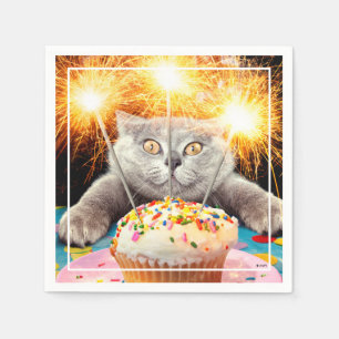 Servilleta De Papel Gato Con Pastel De Esparkler