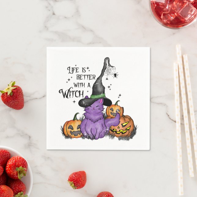 Servilleta De Papel Gato de bruja morado con linternas Jack-O' (In situ)