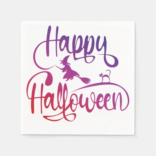 Servilleta De Papel Gato de bruja voladora feliz gradiente de Hallowee (Anverso)