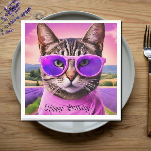 Servilleta De Papel Gato de cumpleaños en el campo de lavanda