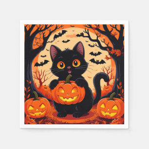 Servilleta De Papel Gato de dibujos animados y calabazas bajo luna lle