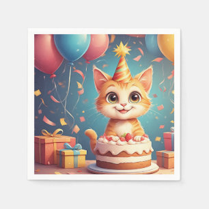 Servilleta De Papel Gato de fiesta adorable con pastel y globos
